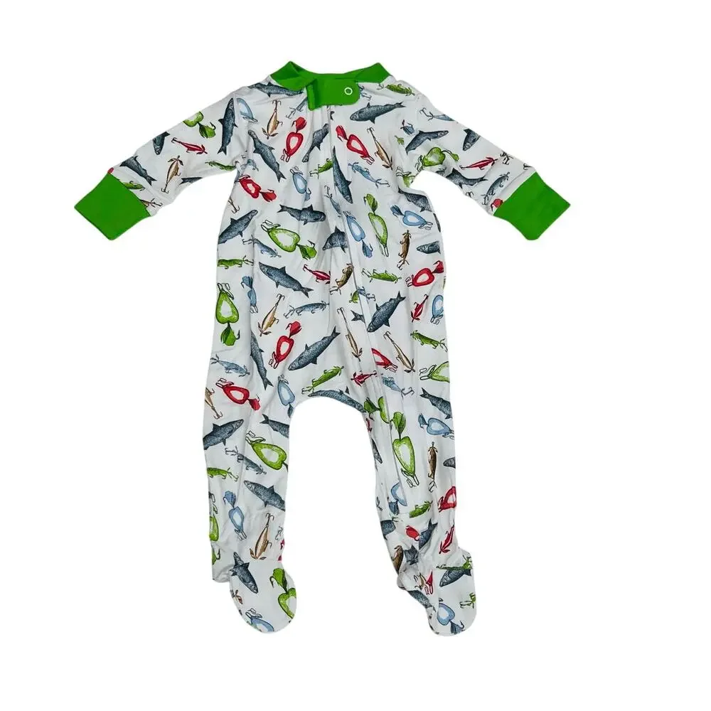 NWT Magnolia Baby 9M Good Catch! Green Printed Zipper Footie